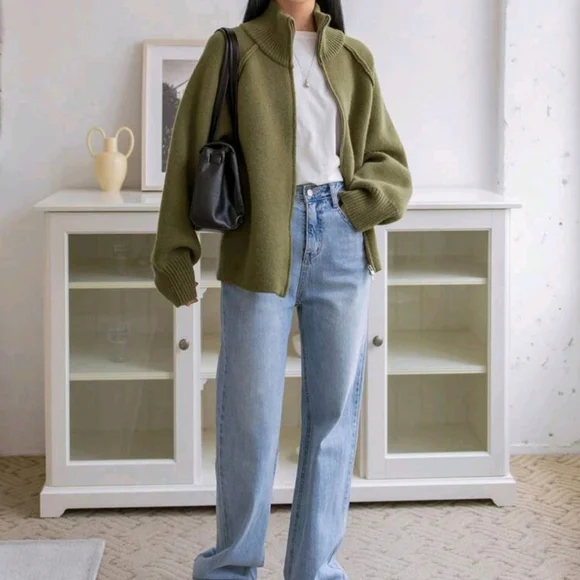 Zippered Standing Collar Cardigan - Picture 3 of 5